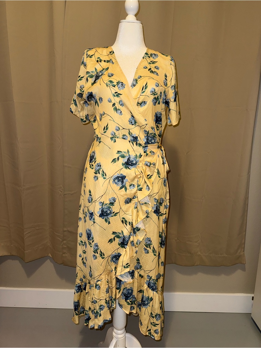 Yellow Floral Wrap Midi Dress with Ruffle Detail